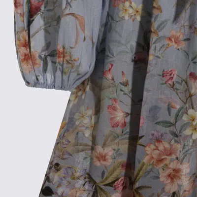 Zimmermann Rebellion Multicolor Midi Dress With Bow Detail On The Front And All-over Floral Print In Linen Woma In Blue