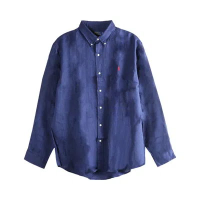 Pre-owned Polo Ralph Lauren Long-sleeve Piece Dye Linen Sport Shirt 'classic Navy' | Blue | Men's Size L