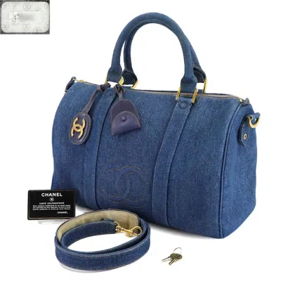 Pre-owned Chanel Blue Denim Boston Bag Handbag Shoulder Bag ()