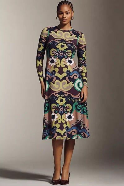 De Loreta Kiara Long-sleeve Printed Dress In Brown