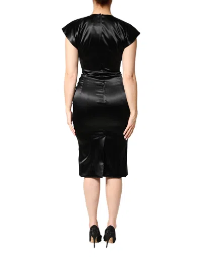 Dolce & Gabbana Black Satin Sheath Midi Cap Sleeves Dress In Black