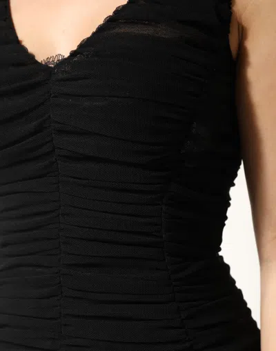 Dolce & Gabbana Black V-neck Ruched Lace Hem Midi Dress In Black