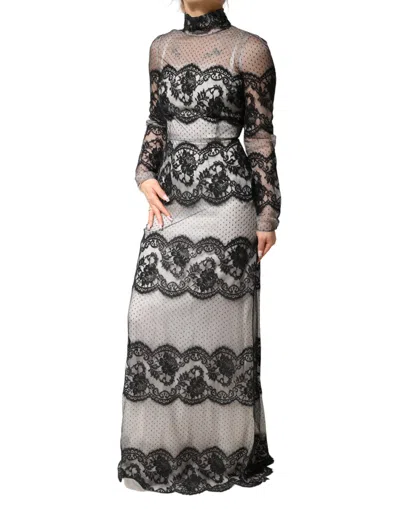 Dolce & Gabbana Black White Lace Silk Blend Maxisheath Dress In Multi