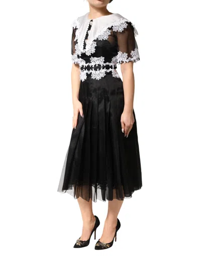 Dolce & Gabbana Black White Silk Macrame Lace Midi Dress In Black