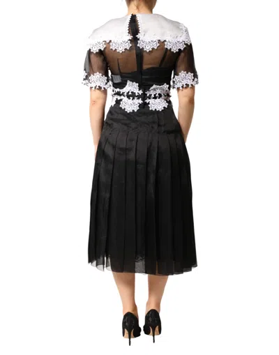 Dolce & Gabbana Black White Silk Macrame Lace Midi Dress In Black