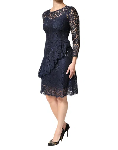 Dolce & Gabbana Blue Lace Ruffle A-line Knee Length Dress In Blue