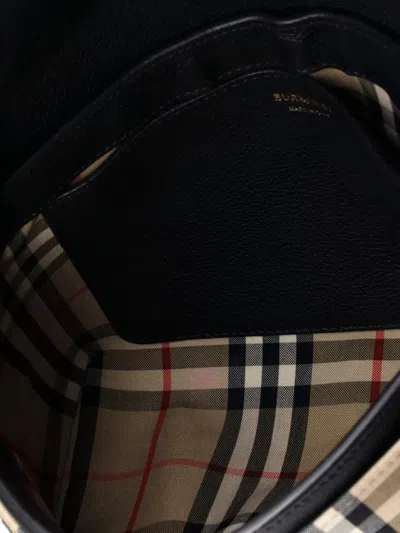 Pre-owned Burberry Note Leather With Vintage Check Canvas Medium Crossbody Bag In Black