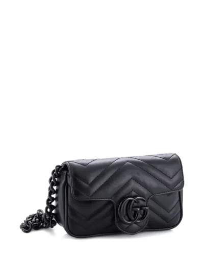 Pre-owned Gucci Gg Marmont Flap Matelasse Leather Belt Bag In Black