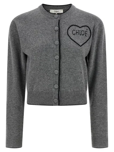 Chloé Fitted Logo Cardigan In Gray