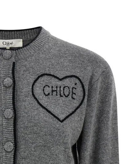 Chloé Fitted Logo Cardigan In Gray