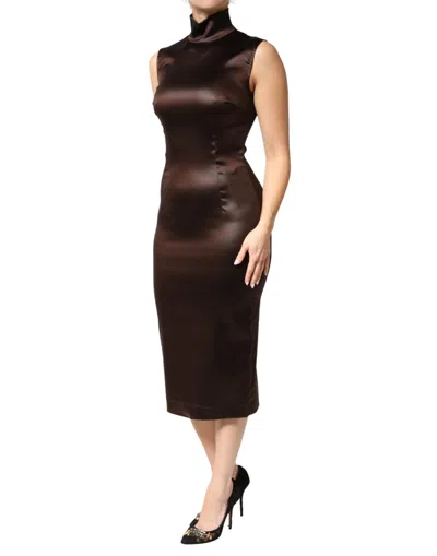 Pre-owned Dolce & Gabbana Brown Satin Sheath Midi Sleeveless Women's Dress ()