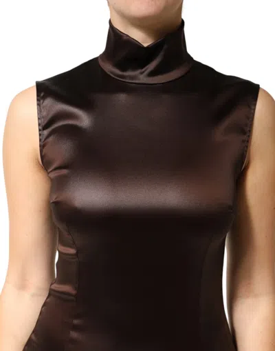 Pre-owned Dolce & Gabbana Brown Satin Sheath Midi Sleeveless Women's Dress ()