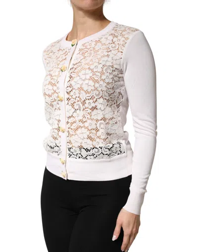 Dolce & Gabbana Cream Lace Knit Rose Button Cardigan Sweater In White