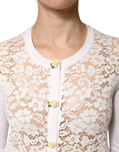 Dolce & Gabbana Cream Lace Knit Rose Button Cardigan Sweater In White
