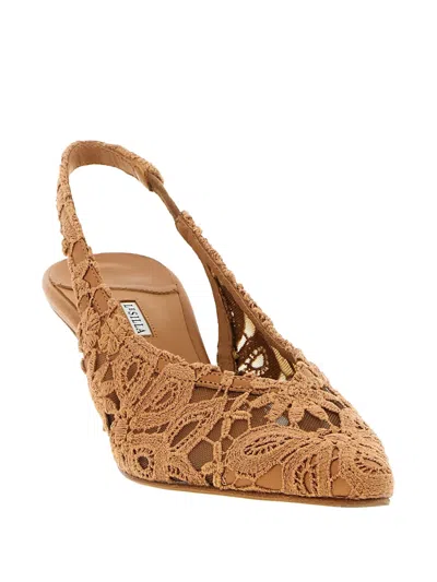 Le Silla Chantilly Slingback Pumps Lace Floral Kitten In Brown