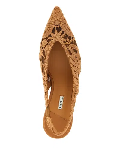 Le Silla Chantilly Slingback Pumps Lace Floral Kitten In Brown