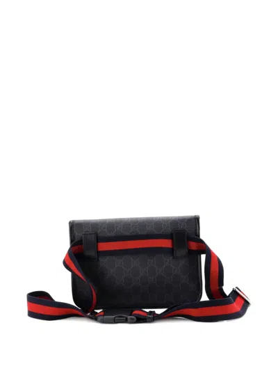 Pre-owned Gucci Web Flap Gg Coated Canvas Belt Bag In Black