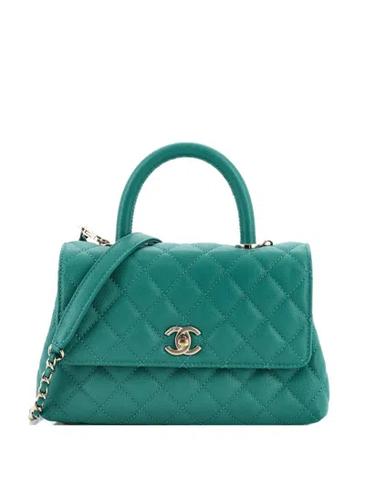 Pre-owned Chanel Coco Top Handle Bag Quilted Caviar Mini Satchel In Green