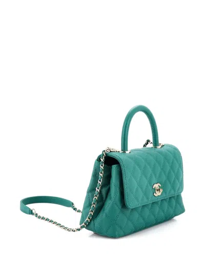 Pre-owned Chanel Coco Top Handle Bag Quilted Caviar Mini Satchel In Green