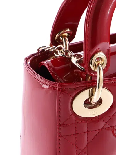 Pre-owned Dior Lady  Chain Bag Cannage Quilt Patent Mini Satchel In Red