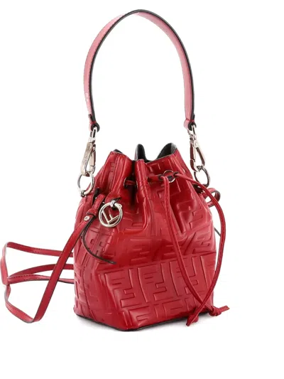 Pre-owned Fendi Mon Tresor Zucca Embossed Leather Mini Bucket Bag In Red