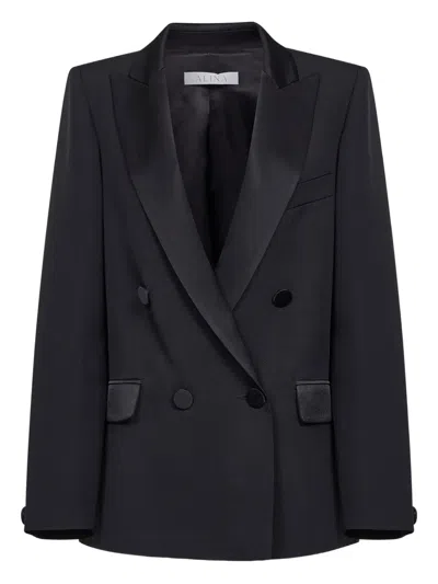 Alina Black Enver Satin Oversized Double-breasted Blazer In Black