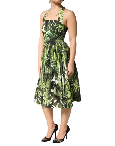 Dolce & Gabbana Green Leaves Print Cotton Halter Midi Women's Dress In Multi