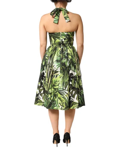 Dolce & Gabbana Green Leaves Print Cotton Halter Midi Women's Dress In Multi