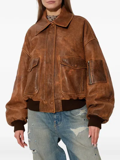 Amiri Tan Faded Leather Bomber Jacket In Brown