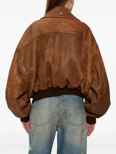 Amiri Tan Faded Leather Bomber Jacket In Brown