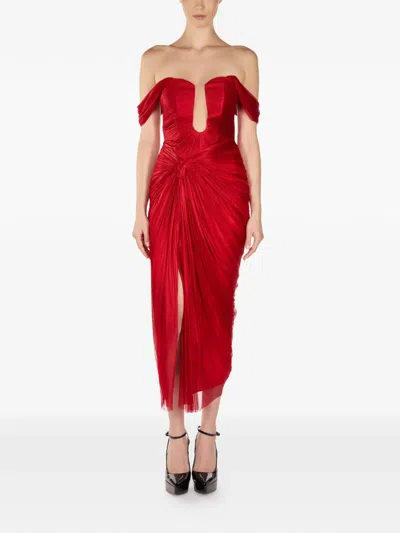 Araftu Off-shoulder Split Midi Dress In Red