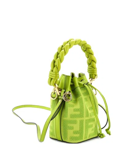 Pre-owned Fendi Woven Handle Mon Tresor Zucca Embroidered Canvas Mini Bucket Bag In Green