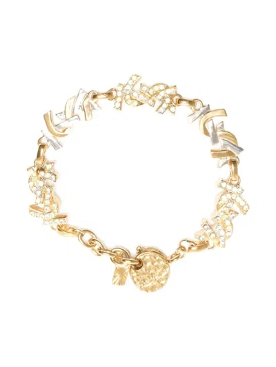 Pre-owned Saint Laurent 1990s Logo Rhinestone Bracelet In Gold