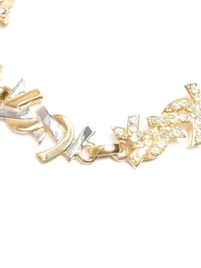 Pre-owned Saint Laurent 1990s Logo Rhinestone Bracelet In Gold