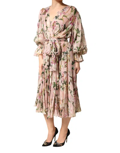 Dolce & Gabbana Pink Lily Print A-line Pleated Maxi Women's Dress In Pink