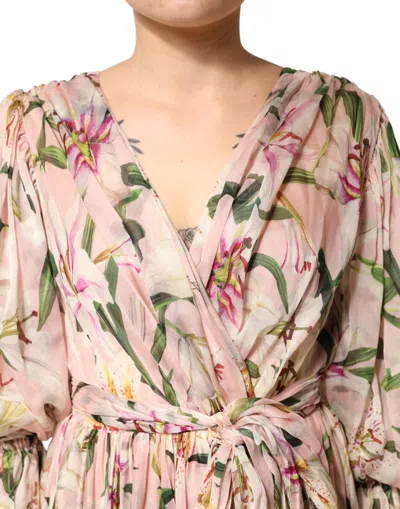 Dolce & Gabbana Pink Lily Print A-line Pleated Maxi Women's Dress In Pink