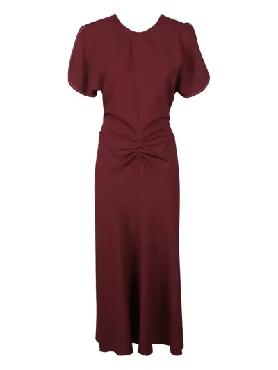 Victoria Beckham Maroon Crew Neck Gathered Waist Dress In Burgundy