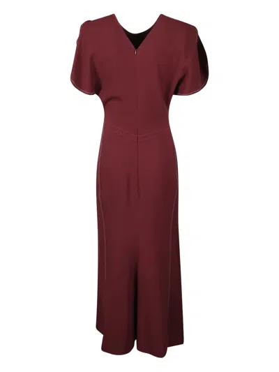 Victoria Beckham Maroon Crew Neck Gathered Waist Dress In Burgundy