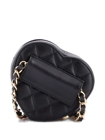 Pre-owned Chanel Cc In Love Heart Quilted Lambskin Belt Bag In Black