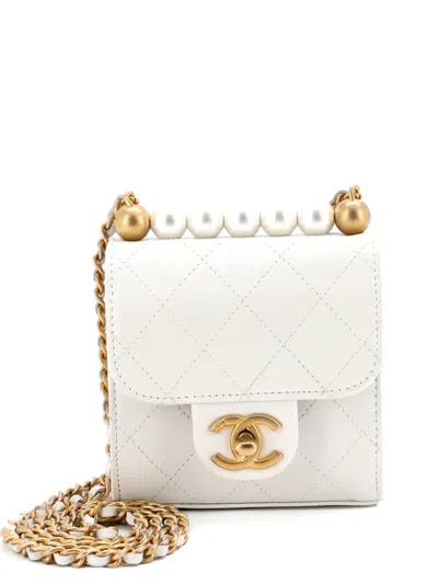 Pre-owned Chanel Chic Pearls Flap Clutch With Chain Quilted Goatskin Mini Crossbody Bag In White