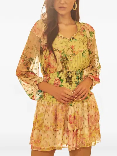 Hemant & Nandita Jolie Floral-print Ruffled Mini Dress In Yellow