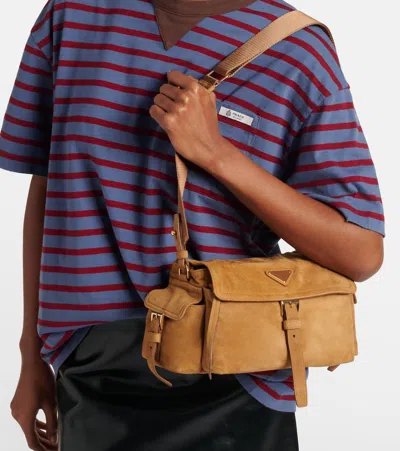 Prada Explore Medium Suede Shoulder Bag In Brown