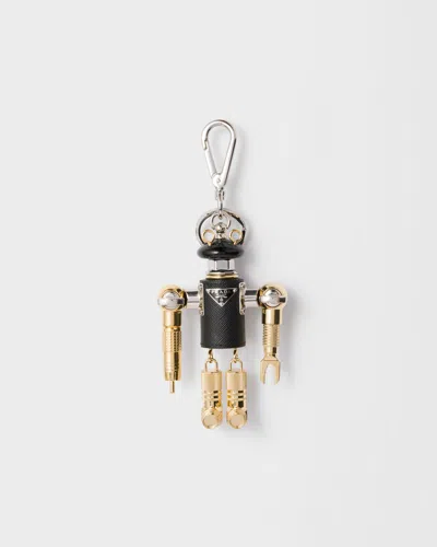 Prada Robot Saffiano Leather Key Ring Charm In Black
