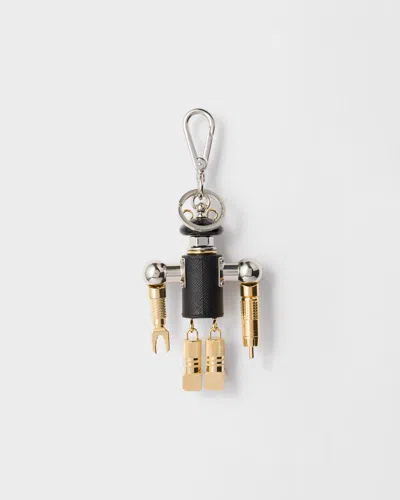 Prada Robot Saffiano Leather Key Ring Charm In Black