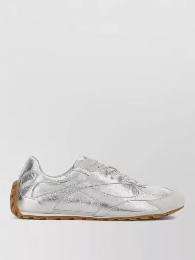 Bottega Veneta Orbit Flash Suede-trimmed Metallic Leather Sneakers In Silver