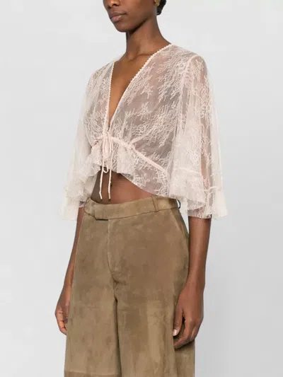 Alberta Ferretti Lace Cropped Top Sheer Flared Sleeves Drawstring In Neutral