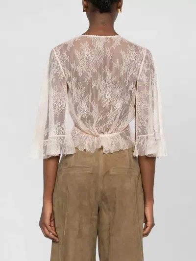 Alberta Ferretti Lace Cropped Top Sheer Flared Sleeves Drawstring In Neutral