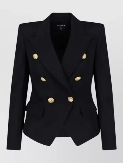 Balmain Wool Blazer With Flap Pockets And Gold-tone Buttons In Black