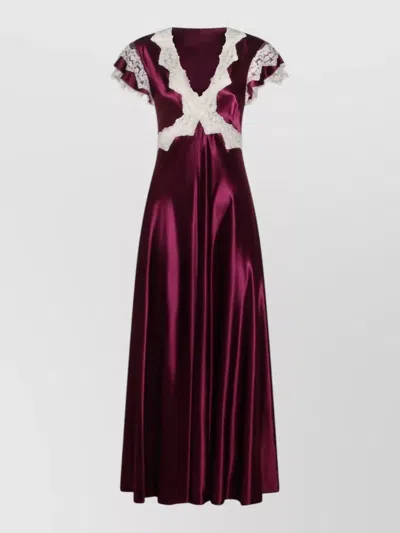 Alberta Ferretti Cap Sleeves Satin Lace Floor Length Dress In Purple