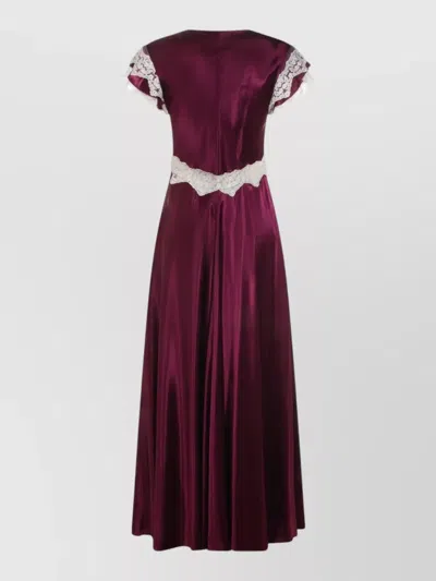 Alberta Ferretti Cap Sleeves Satin Lace Floor Length Dress In Purple